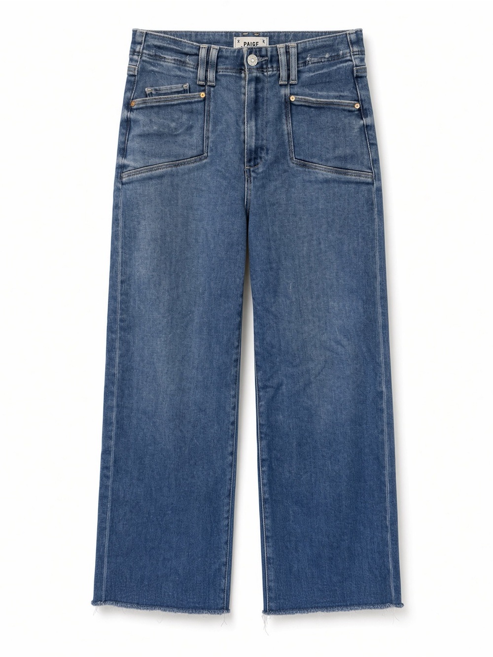 PAIGE Mid-Blue Wide-Leg Jeans with Raw Hem/Cropped Length